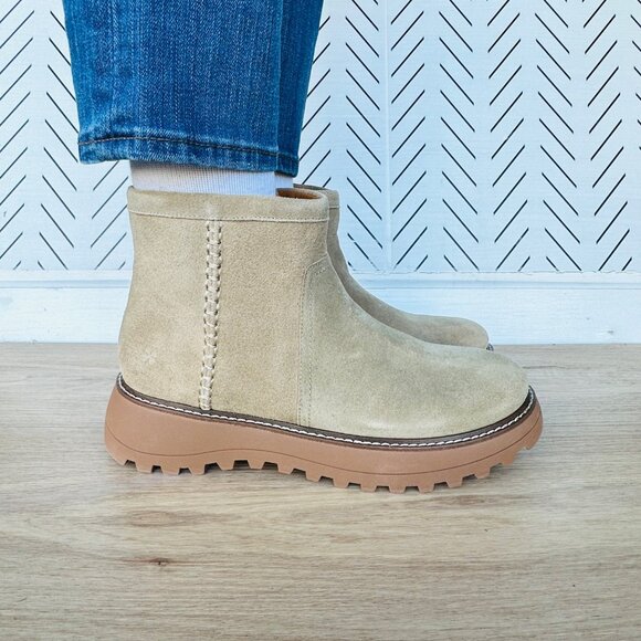 ⭐Lucky Brand Womens Suede Ankle Boots 7.5 Chameli Leather Platform Beige Booties - Picture 1 of 8